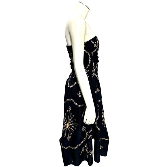 Black Strapless Smocked Embroidered Sequin Midi Dress Gold Scroll Starburst Boho - Picture 7 of 8